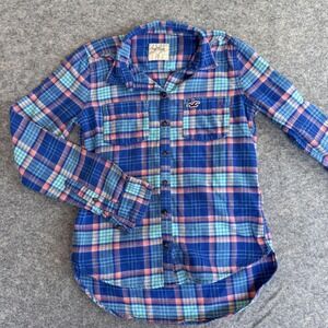 Hollister Shirt Womens XS Blue Plaid Flannel Button Front Long Sleeve Cotton Y2K